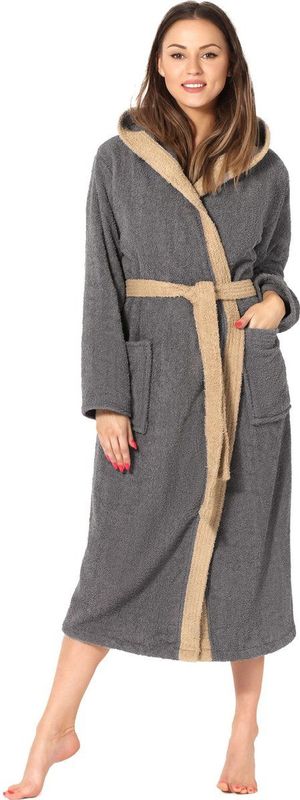 Ladeheid - Dames Badjas - Donkergrijs/Beige - 100% Katoen - Wasmachine bestendig