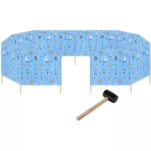 Ferocity Windscherm – 10 M Lang, Blauw-witte Strepen, Met Houten Palen En Rubberen Hamer, Voor Strand En Tuin