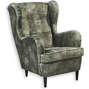 OSKAR 3 Wing fauteuil met geknoopte bekleding, mosgroen - Vintage woonkamer fauteuil met massief houten poten - 78 x 102 x 98 cm (B x H x D)