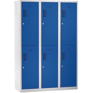 eurokraft basic Lockerkast met twee verdiepingen Amsterdam, 3 compartimenten, breedte 1200 mm, 6 compartimenten, lichtgrijs / gentiaanblauw