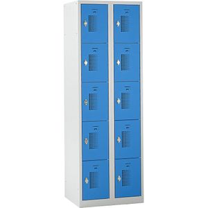 eurokraft basic AMSTERDAM lockerkast, 2 vakken, breedte 600 mm, 10 vakken, draaigrendel voor hangslot, deur lichtblauw, kastframe lichtgrijs