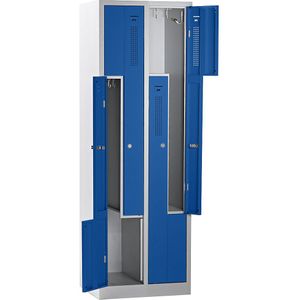 eurokraft basic AMSTERDAM Z-garderobekast, breedte 590 mm, 2 afdelingen, 4 deuren, deur gentiaanblauw, kastframe lichtgrijs