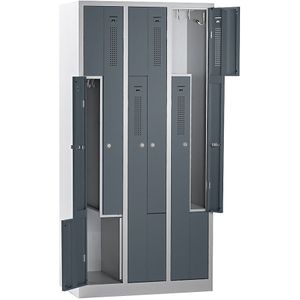 eurokraft basic AMSTERDAM Z-garderobekast, breedte 870 mm, 3 afdelingen, 6 deuren, deur basaltgrijs, kastframe lichtgrijs