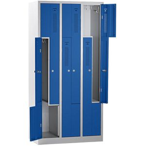 eurokraft basic AMSTERDAM Z-garderobekast, breedte 870 mm, 3 afdelingen, 6 deuren, deur gentiaanblauw, kastframe lichtgrijs