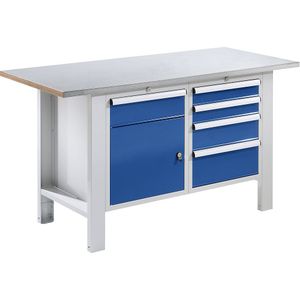 eurokraft basic Werkbank, modulair systeem, bladbreedte 1500 mm, 5 laden, 1 deur, blad met toplaag van plaatstaal