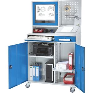 eurokraft pro Computer-werkstation, staalplaat, h x b = 1770 x 1100 mm, met monitorkast, perforatiewand, lessenaaropzet, deurkleur lichtblauw