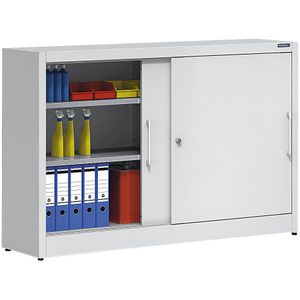 eurokraft pro Schuifdeurkast hoogte 1000 mm, met tussenschot en 2 x 2 legborden, breedte 1500 mm, diepte 600 mm, deurkleur lichtgrijs RAL 7035