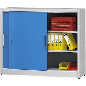 eurokraft pro Schuifdeurkast hoogte 1200 mm, met middentussenwand en 2 x 2 legborden, h x b = 1200 x 1500 mm, diepte 420 mm, deurkleur lichtgrijs RAL 7035