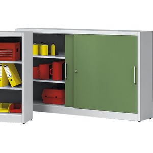 eurokraft pro Schuifdeurkast hoogte 1200 mm, met middentussenwand en 2 x 2 legborden, h x b = 1200 x 2000 mm, diepte 600 mm, deurkleur resedagroen RAL 6011