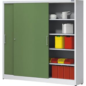 eurokraft pro Schuifdeurkast hoogte 1950 mm, met tussenschot en 2 x 4 legborden, breedte 2000 mm, diepte 500 mm, deurkleur lichtblauw RAL 5012