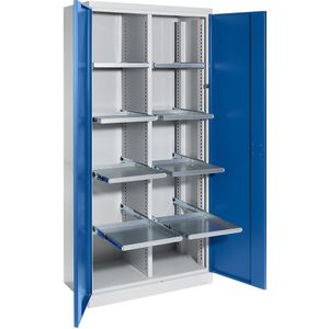 eurokraft pro Materiaalkast, breedte 950 mm, 8 uitschuifbare legborden, 1 tussenwand, deur gentiaanblauw