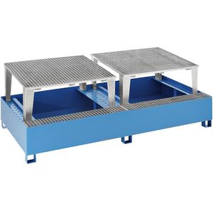 eurokraft basic Stalen opvangbak voor tankcontainers IBC/KTC, voor 2 containers van 1000 l, 2 aftapopzetten, met poedercoating in blauw RAL 5012