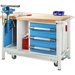 eurokraft pro Verrijdbare en verlaagbare werkbank, stellingbouw Serie 8, 3 laden, lift-inklapbare bankschroef, b x d = 1500 x 700 mm