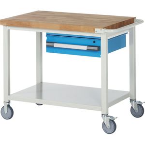 eurokraft pro Verrijdbare werkbank Serie 8000, stellingbouw, 1 hanglade, legbord, b x d = 1250 x 700 mm