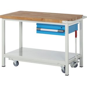 eurokraft pro Verrijdbare en in hoogte verstelbare werkbank, stellingconstructie 8000-serie, 1 hanglade, legbord, b x d = 1500 x 700 mm