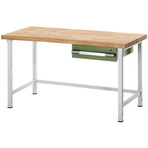 eurokraft pro In hoogte verstelbare werkbank, stellingbouw, 1 lade, breedte 2000 mm, lichtgrijs / groen