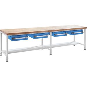 eurokraft pro In hoogte verstelbare werkbank, stellingbouw, met laden, breedte 3000 mm, grijs / blauw