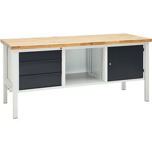 Werkbank, breedte 2000 mm, 3 laden 1 x 125 / 2 x 175 mm, 1 deur 475 mm, lichtgrijs/antracietgrijs