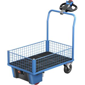 eurokraft pro Platformwagen met elektrische aandrijving, 4 halfhoge gaaswanden, l x b x h = 1570 x 800 x 1300 mm