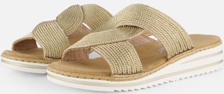 Rieker Slippers - Beige - Textiel - Vlechtbanden met Gouden Stiksels