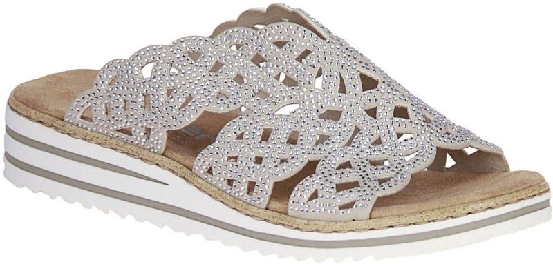 Rieker Slippers - Lichtbeige - Sleehak - Open Neus - Textiel Binnenzool
