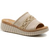 Rieker Slippers - Beige - Textiel - Gouden Detail - Stevige Rubber Zool