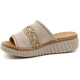 Rieker Slippers - Beige - Textiel - Gouden Detail - Stevige Rubber Zool