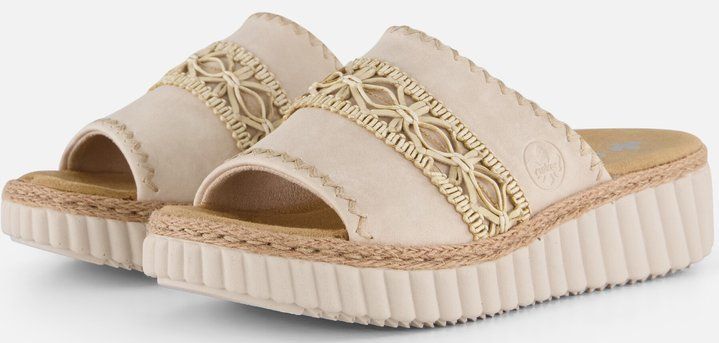 Rieker Slippers - Beige - Textiel - Gouden Detail - Stevige Rubber Zool