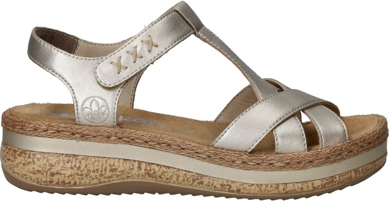Rieker - Sandalen - Goud - Leer - Sleehak - Klittenbandsluiting
