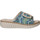 Rieker - Dames Slipper - Blauw Multi - Raffia - Klittenbandsluiting