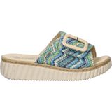 Rieker - Dames Slipper - Blauw Multi - Raffia - Klittenbandsluiting