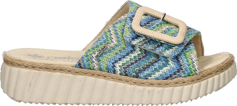 Rieker - Dames Slipper - Blauw Multi - Raffia - Klittenbandsluiting