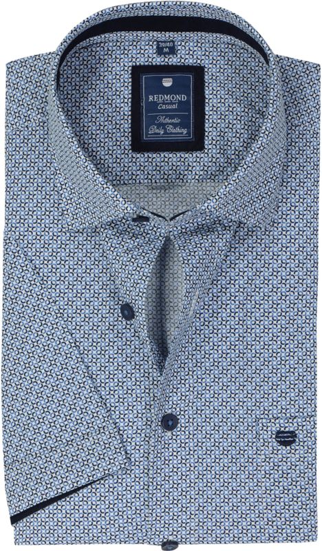 Redmond - Comfort Fit Overhemd - Blauw met Wit Dessin - Korte Mouw - Popeline