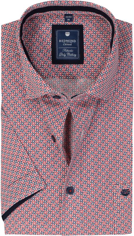 Redmond - Comfort Fit - Overhemd - Blauw met Wit en Rood Dessin - Korte Mouw - Strijkvriendelijk
