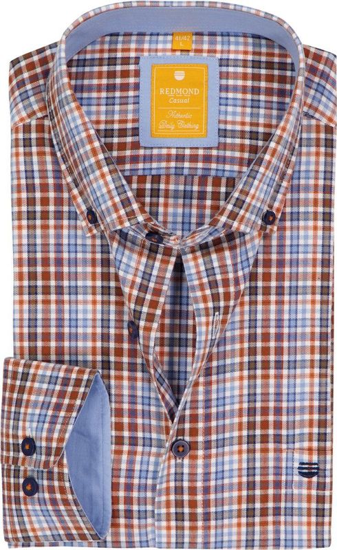 Redmond - Modern Fit Overhemd - Multicolor Geruit - Bruin Blauw Oranje Wit - Strijkvriendelijk