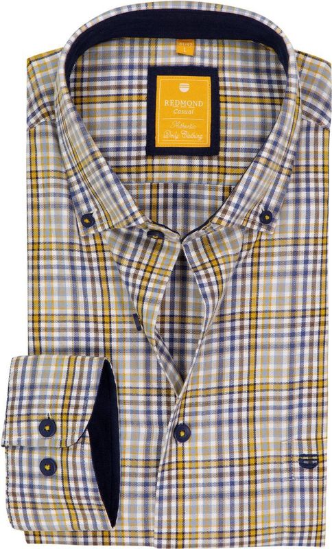 Redmond - Modern Fit Overhemd - Blauw - Grijs - Geel en Wit Geruit - Strijkvriendelijk