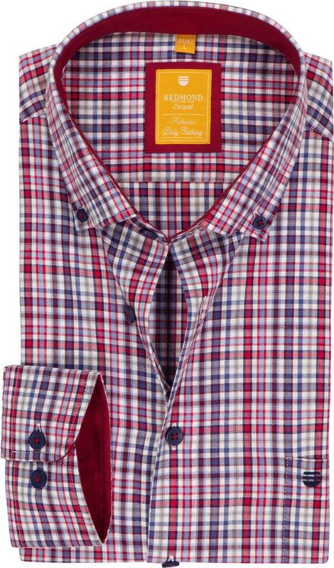 Redmond - Modern Fit - Overhemd - Blauw - Wit - Rood en Grijs Geruit - Strijkvriendelijk