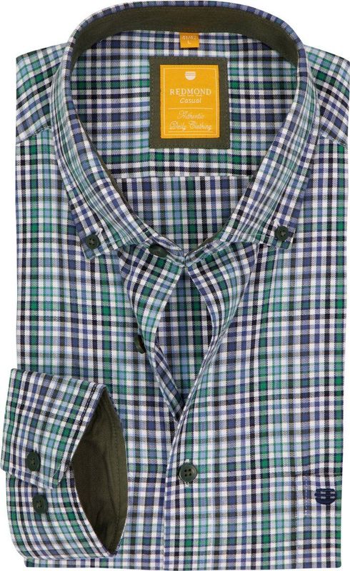 Redmond - Modern Fit Overhemd - Groen - Blauw en Wit Geruit - Strijkvriendelijk