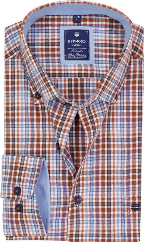 3 voor 99 | Redmond comfort fit overhemd, twill, bruin, blauw, oranje en wit geruit