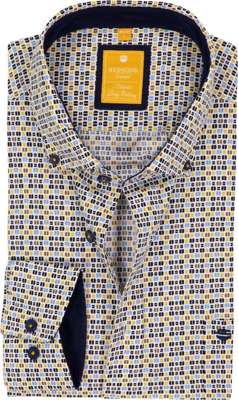 Redmond - Overhemd - Geel/Blauw - Bedrukt - Lange Mouw - 100% Katoen - Poplin