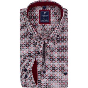 Redmond - Comfort Fit - Overhemd - Wit met Blauw en Rood Dessin - Strijkvriendelijk