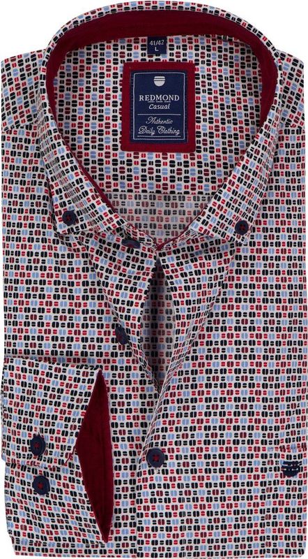 Redmond - Comfort Fit - Overhemd - Wit met Blauw en Rood Dessin - Strijkvriendelijk