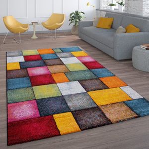Kurzflor Wohnzimmer Teppich Bunt Karo Design Vierecke Mehrfarbig Farbenfroh 240x330 cm - Paco Home