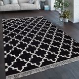 Teppich Wohnzimmer Marokkanisches Muster Fransen Handgewebt Wolle Schwarz Weiß 160x230 cm - Paco Home