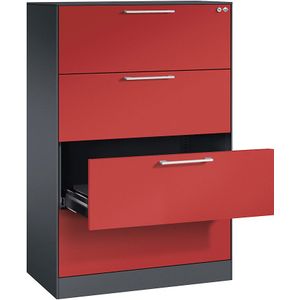 C+P Archiefkast ASISTO, hoogte 1292 mm, met 4 lades, A4 liggend, zwartgrijs/vuurrood