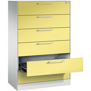 C+P Archiefkast ASISTO, hoogte 1292 mm, met 6 lades, A5 liggend, lichtgrijs/zwavelgeel