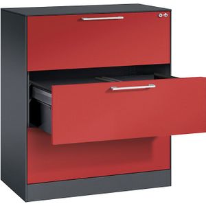 C+P Hangmappenkast ASISTO, breedte 800 mm, met 3 lades, zwartgrijs/vuurrood