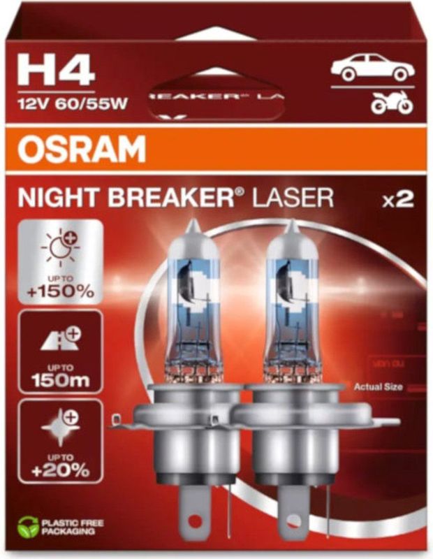 Osram - Night Breaker Laser - H4 - Set 2 Stuks - Halogeenlampen - 150% Helderder