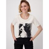 Monari - Shirt - Beige Zwart - Ronde Hals - Zonder Kraag