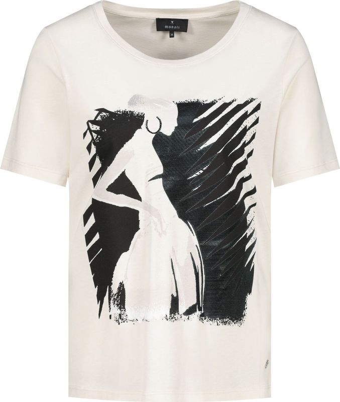 Monari - Shirt - Beige Zwart - Ronde Hals - Zonder Kraag